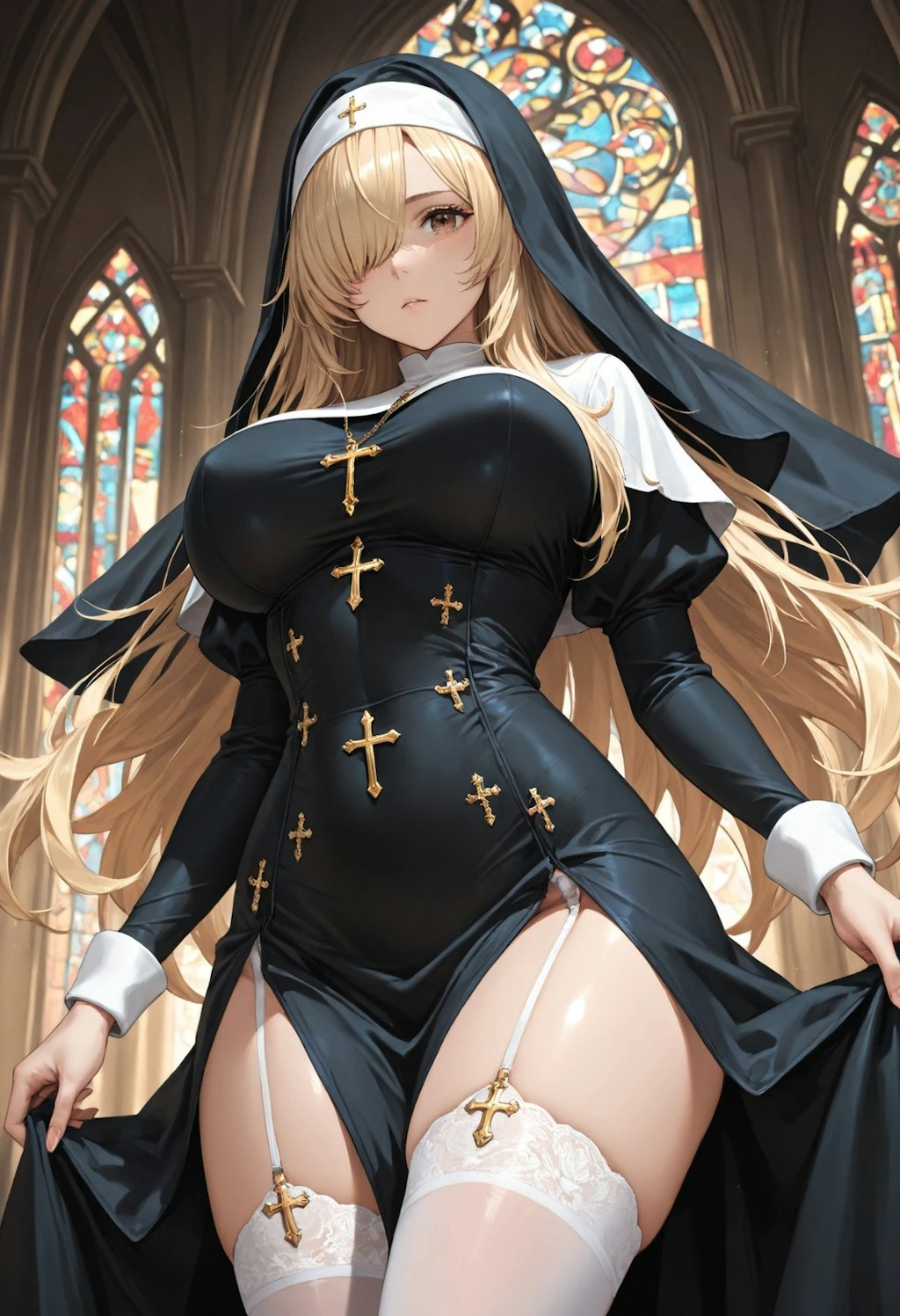 金髪メカクレ巨乳シスター