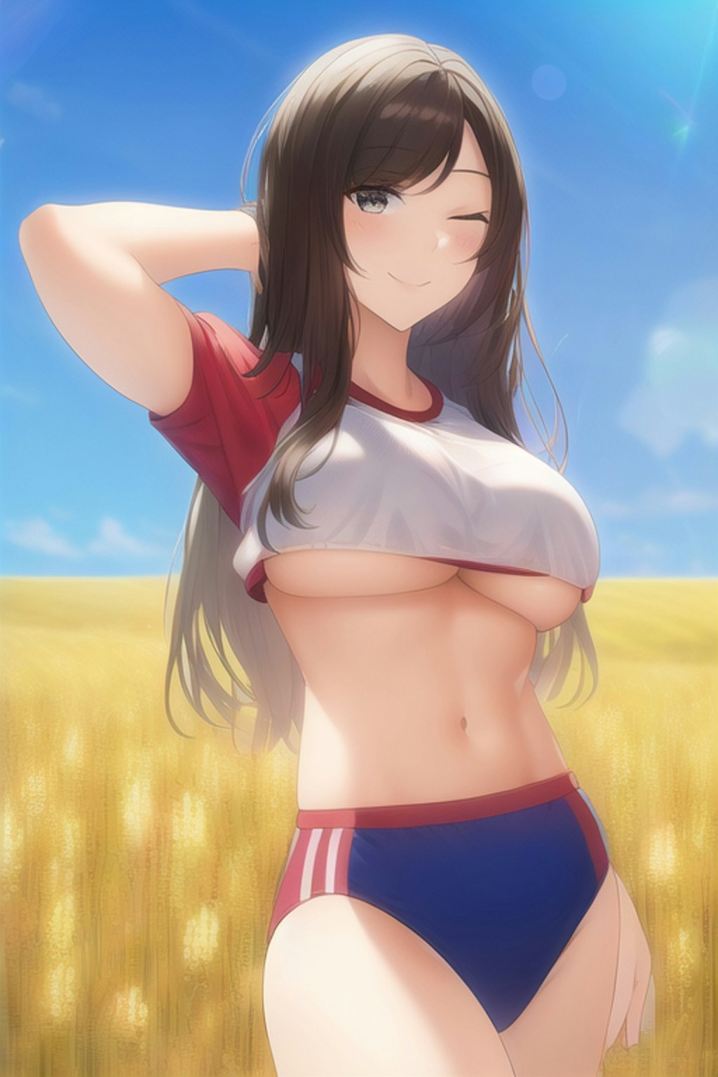 下乳を笑顔で見せるレスランドの女の子です。