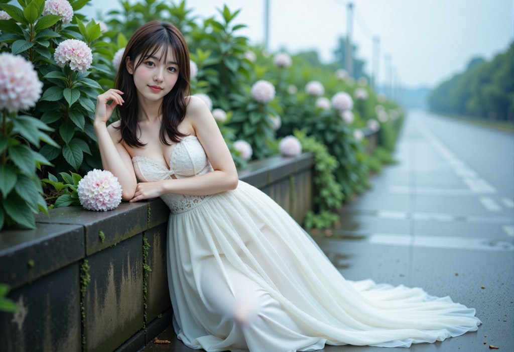 紫陽花と白いドレスの女性