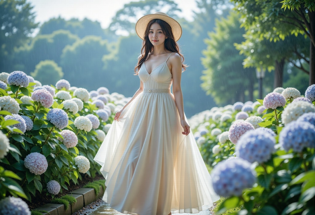 紫陽花と白いドレスの女性