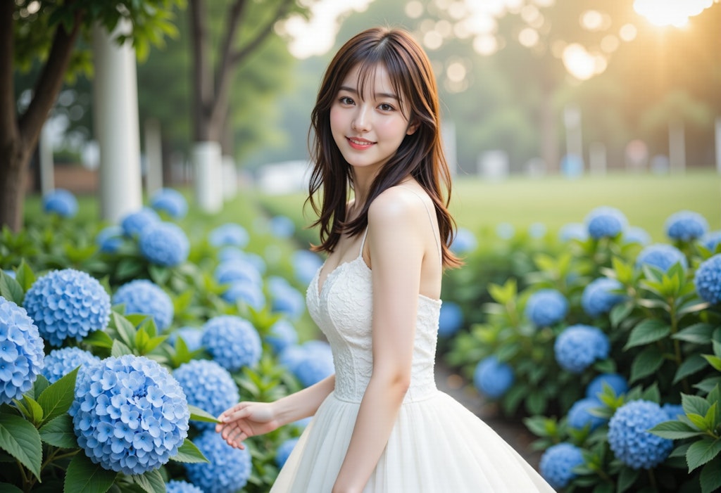 紫陽花と白いドレスの女性