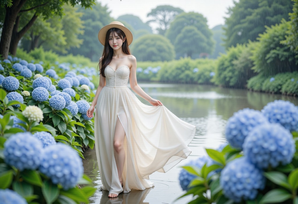 紫陽花と白いドレスの女性