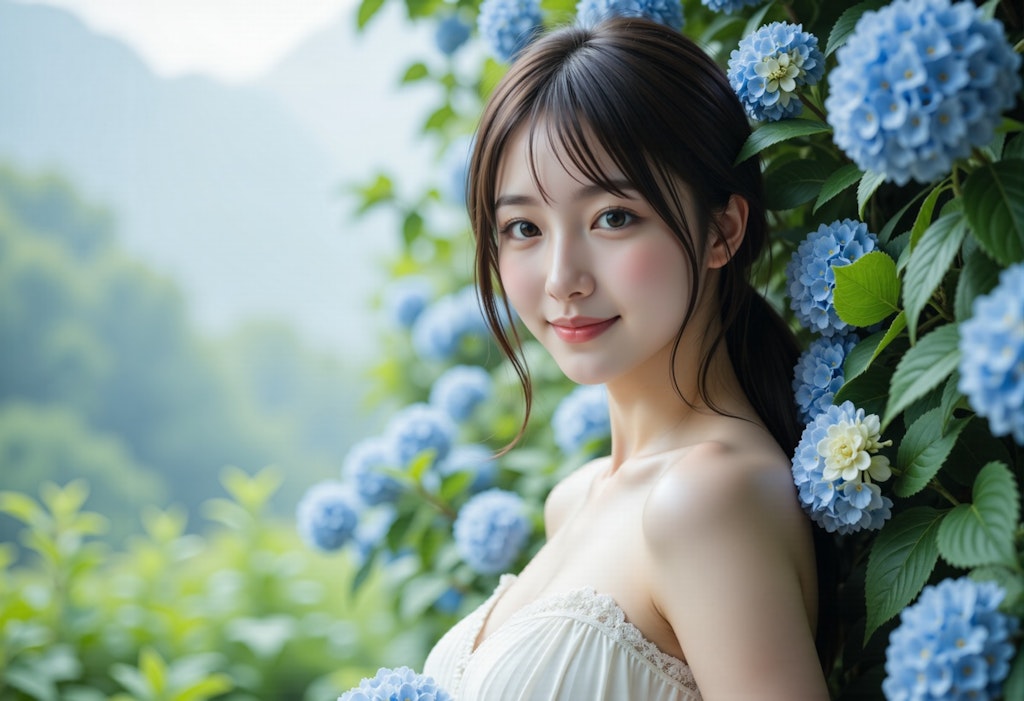 紫陽花と白いドレスの女性