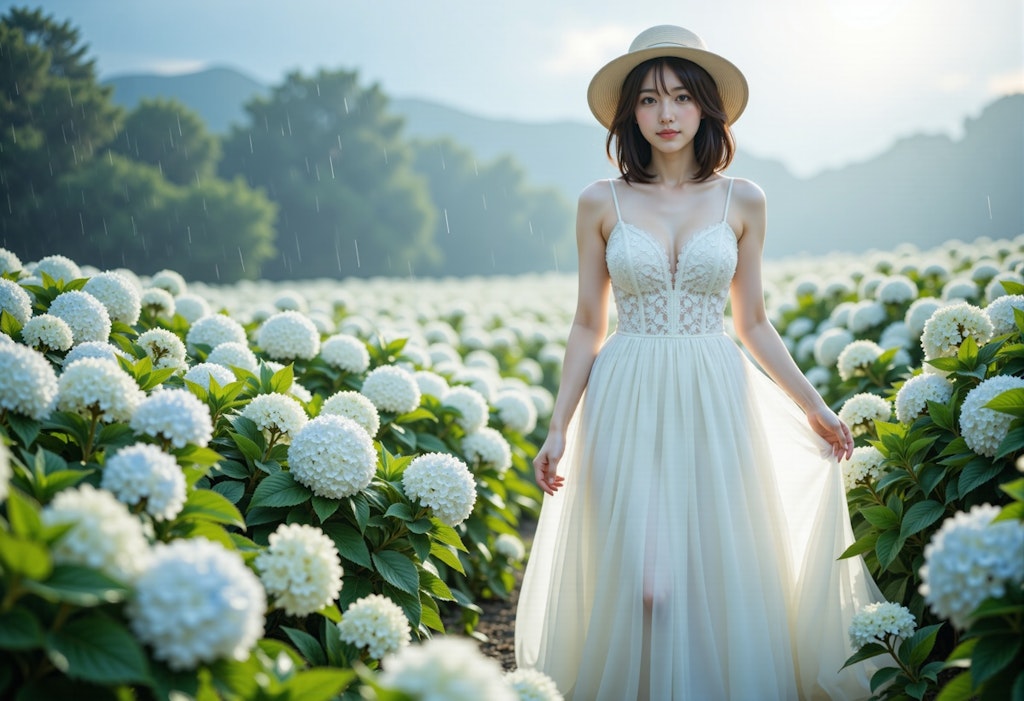 紫陽花と白いドレスの女性