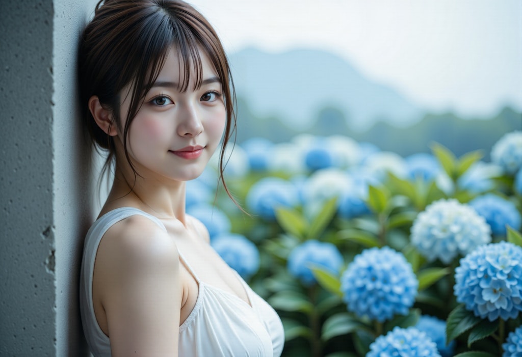 紫陽花と白いドレスの女性