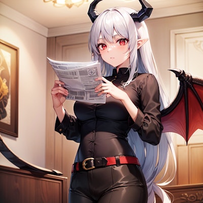 書斎で書類を読む仕事中の銀髪竜姫