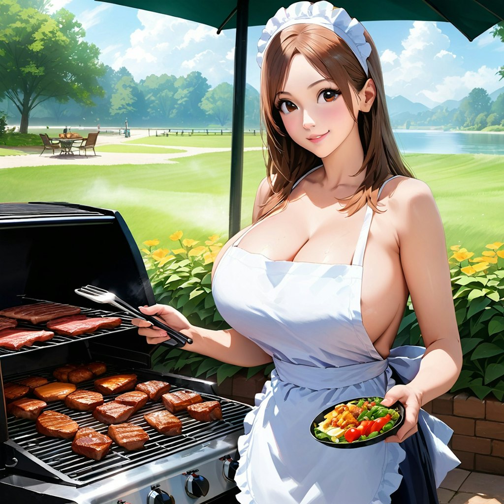 裸エプロンでBBQしてくれる巨乳美女