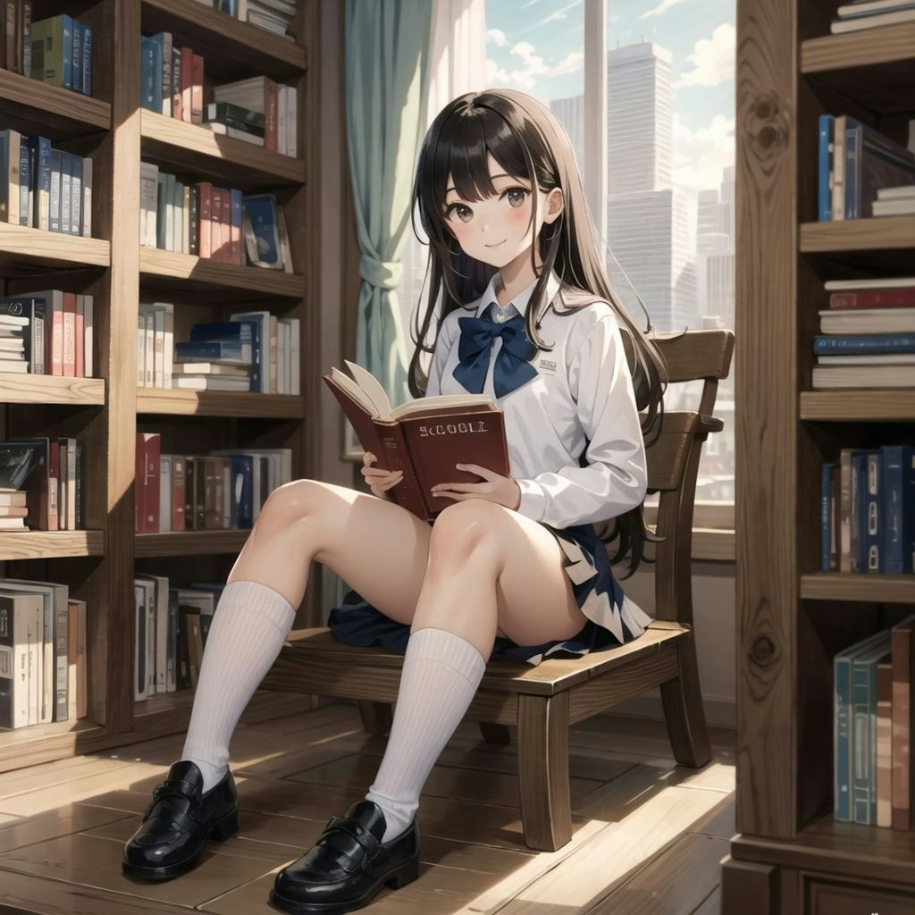 高層ビルと図書館と少女