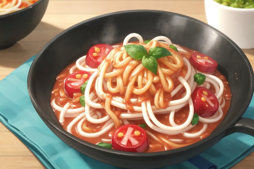 これ明太子スパゲッティやない。ナポリタン風トマトソースで食べるうどんや