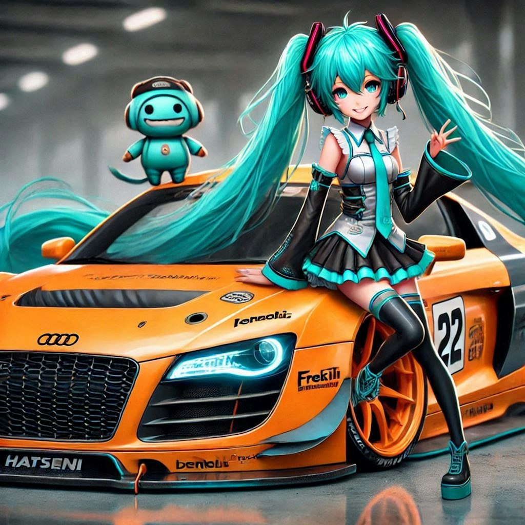 初音ミクとオレンジカラーアウディR8レーシングカー