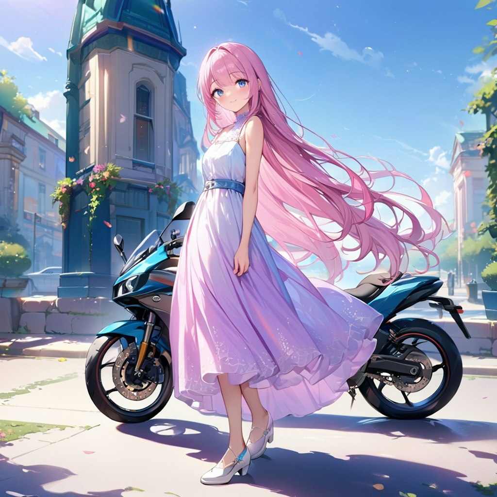 街中のバイクの少女　Girl on a motorcycle in the city