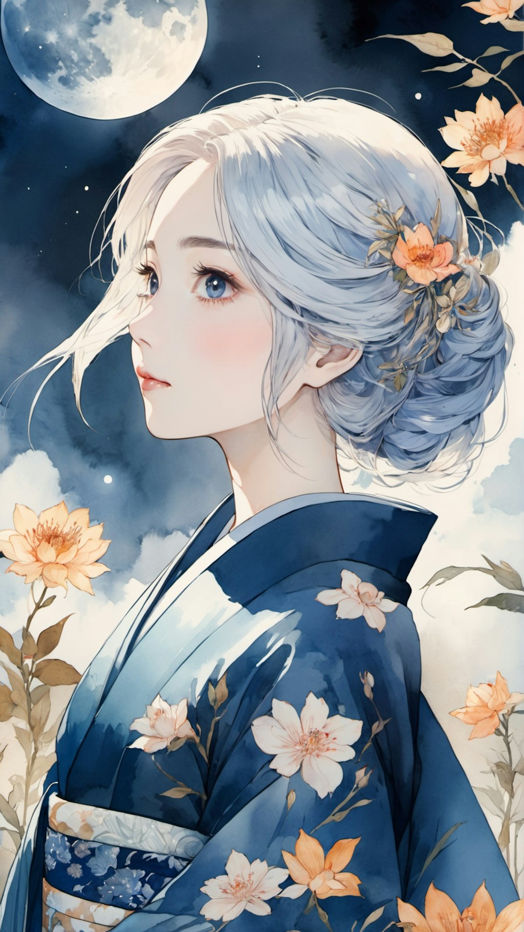 moon, kimono