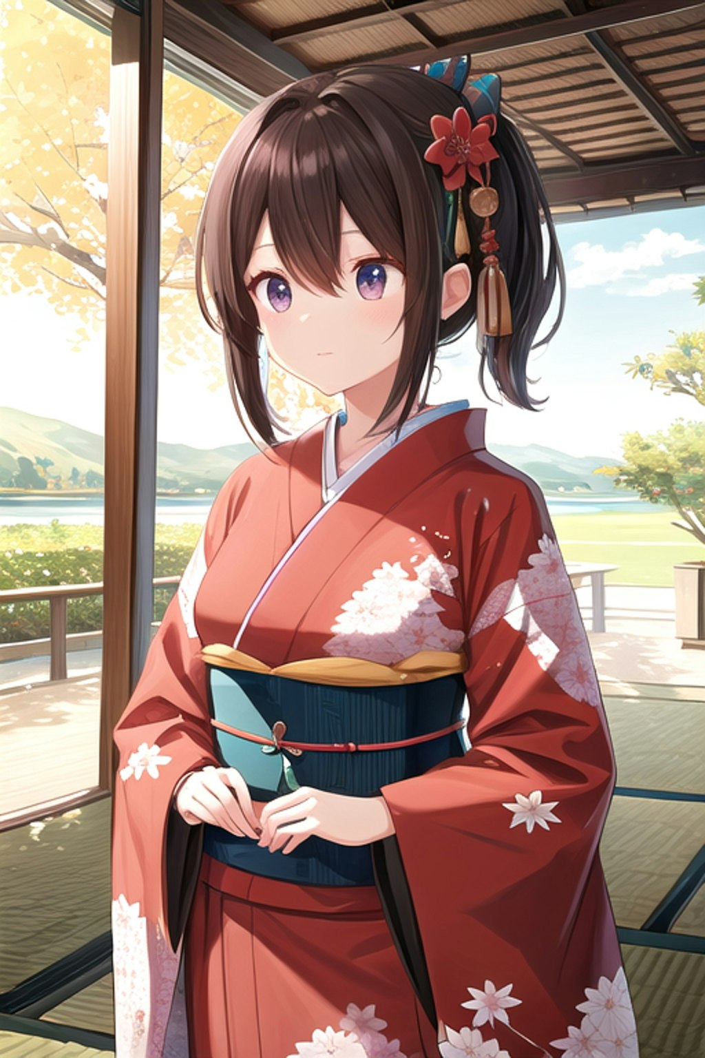 A woman wearing a kimono with a bright red maple pattern