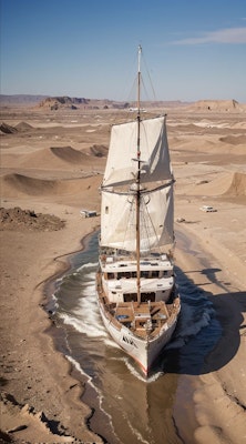 It is a terrifying mirage of a ghost ship sailing through waves of desert sand.