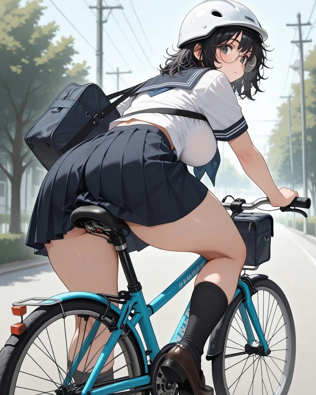 自転車通学の時はしっかりとヘルメットを被る地味子