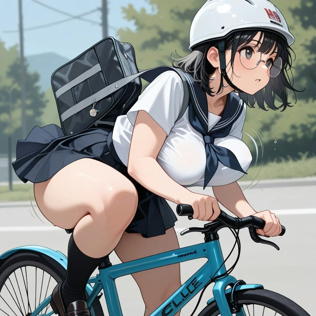 自転車通学の時はしっかりとヘルメットを被る地味子