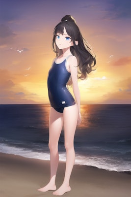 夕陽が沈む砂浜に佇むスク水少女