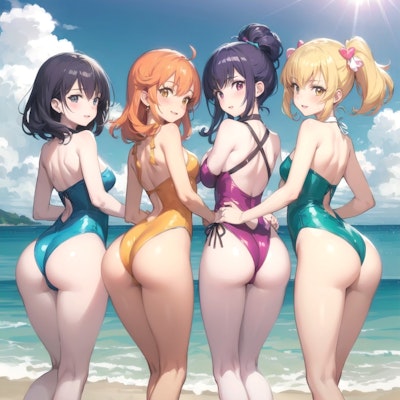 海を満喫する四人の水着美女たち