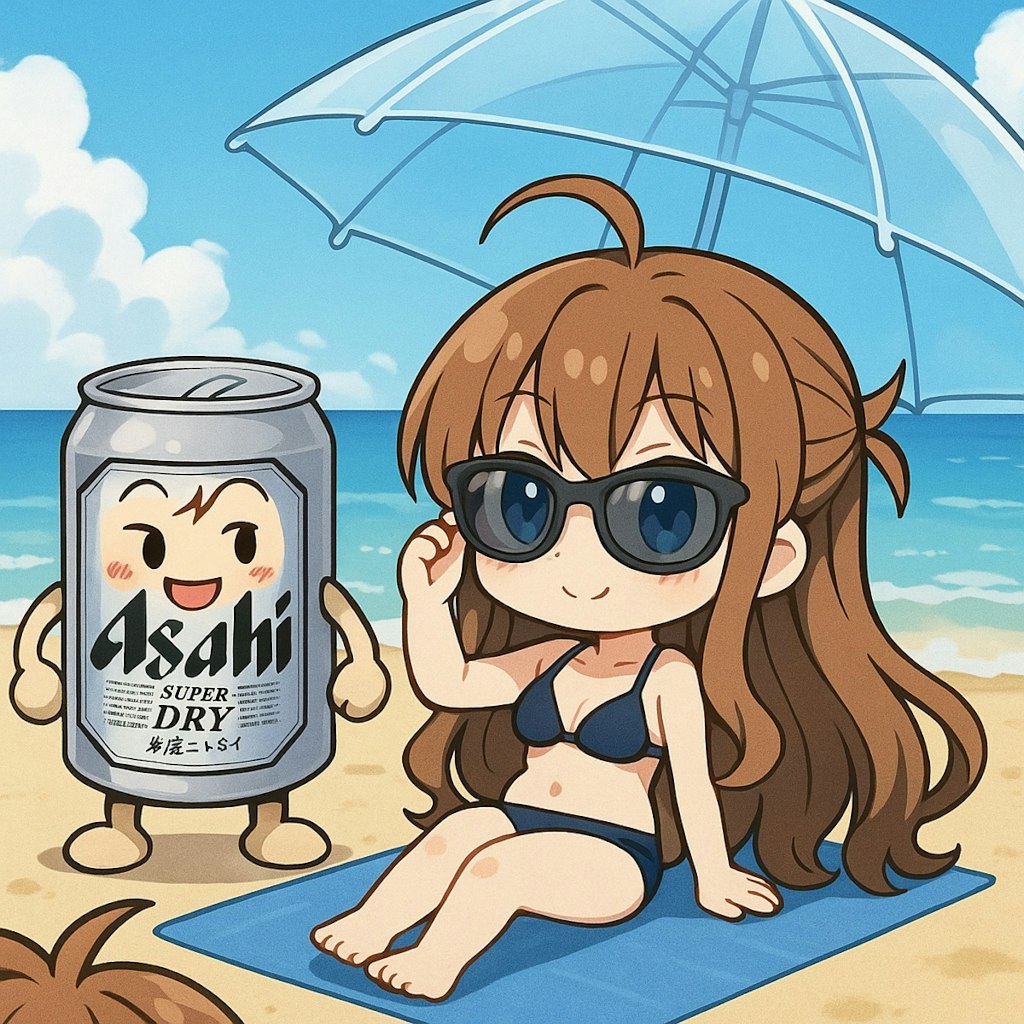 浜辺をビニール傘で過ごす小さな女の子