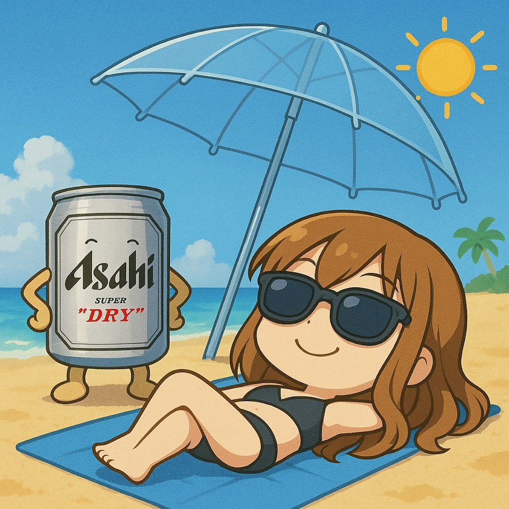浜辺をビニール傘で過ごす小さな女の子