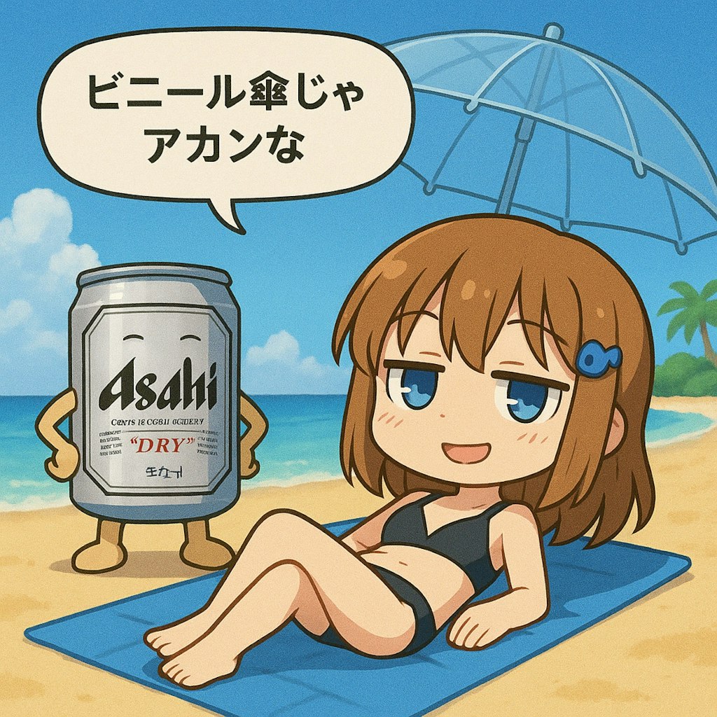浜辺をビニール傘で過ごす小さな女の子
