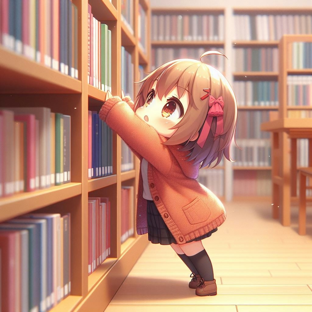 図書館、背伸びっ子