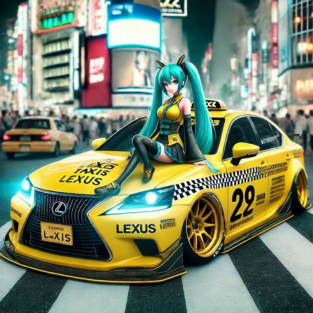 レクサスセダンイエロータクシーのドリ車と初音ミク