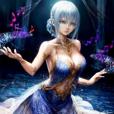 青く輝く刺青の美女が奏でる水魔法の躍動