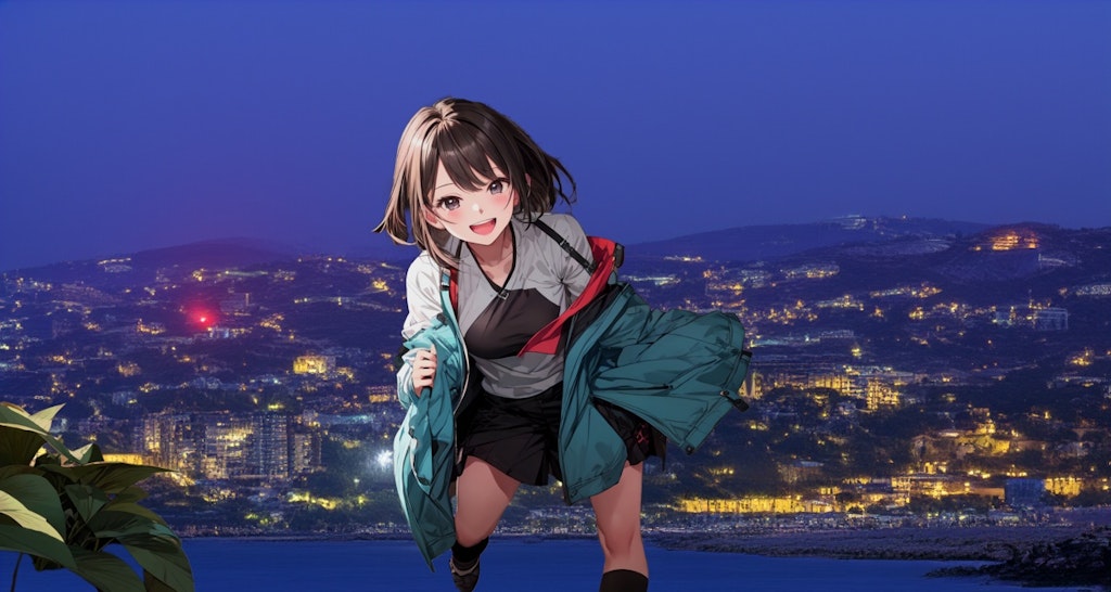 夜景と少女