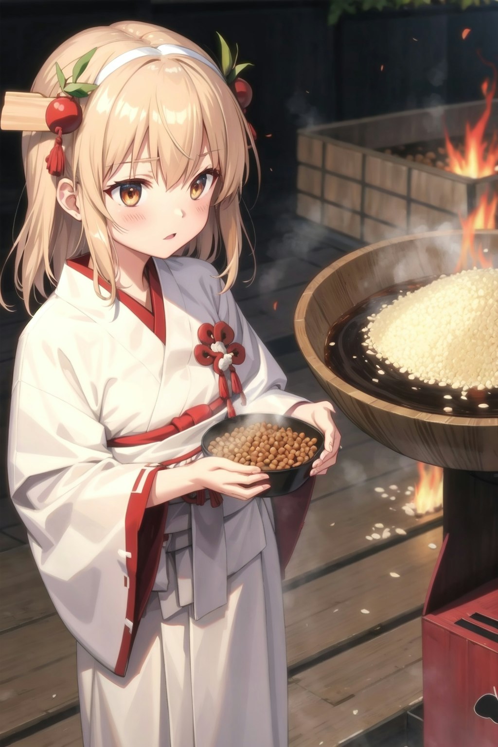 大豆を煎る少女