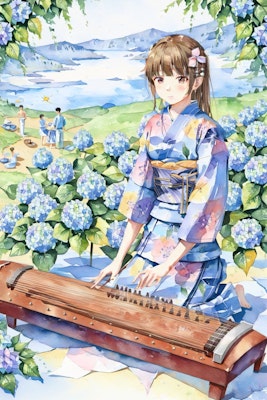 紫陽花と琴を弾く少女