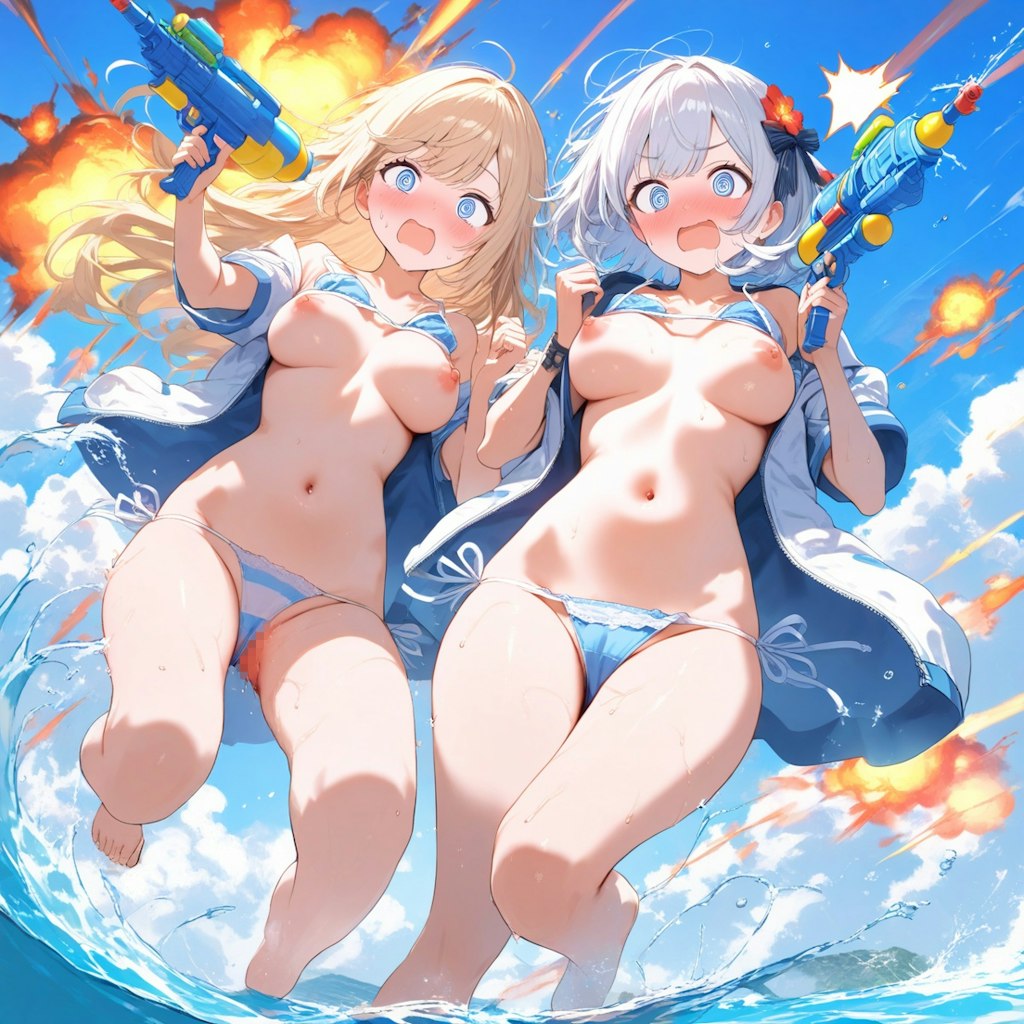 水遊びで大爆発！(ポロリ)