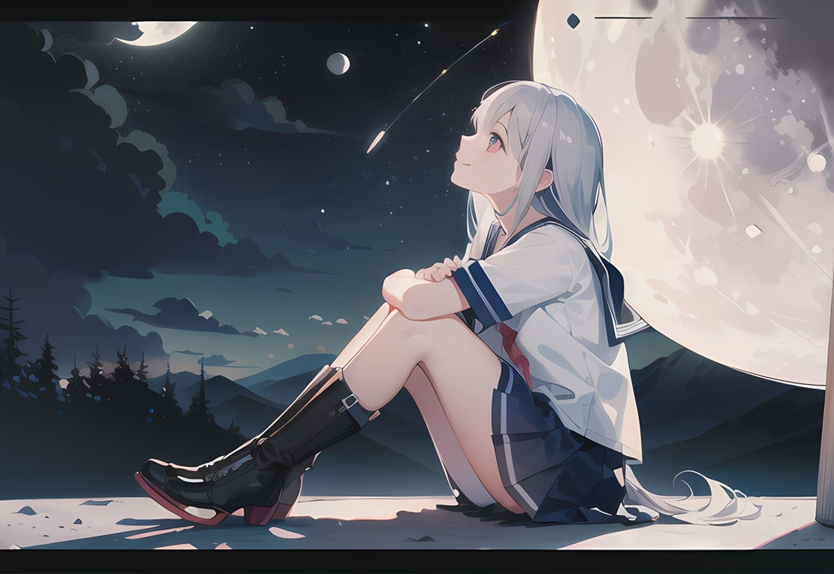 女の子と夜空イラスト-