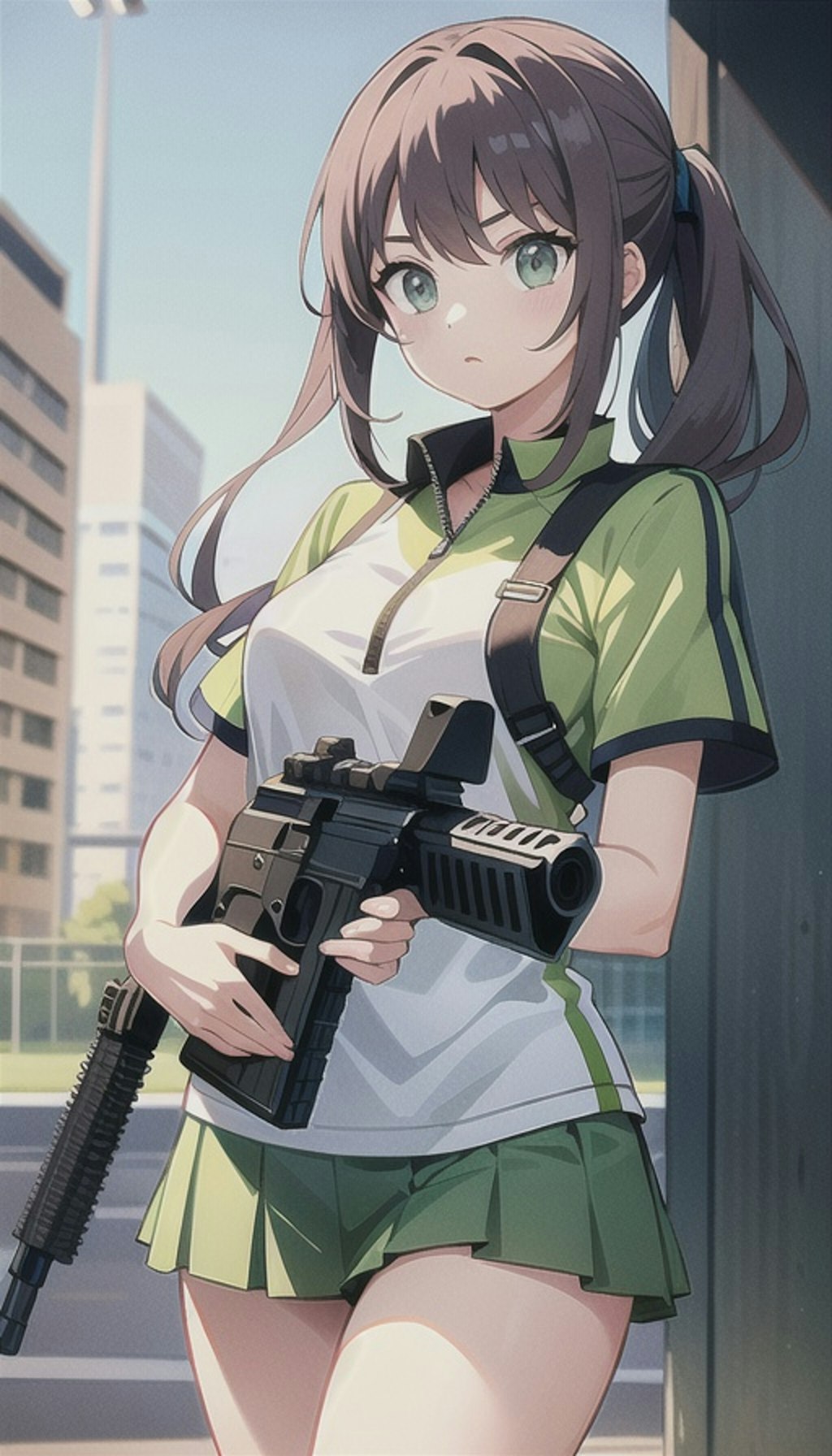 自動小銃を装備したテニスウェアの女の子