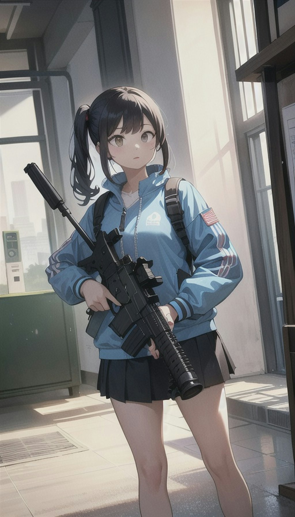 自動小銃を装備したテニスウェアの女の子