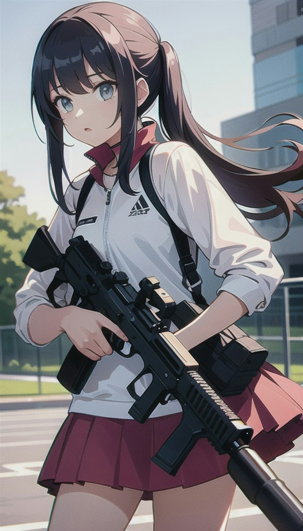 自動小銃を装備したテニスウェアの女の子