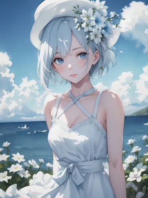 blue short hair and white hat