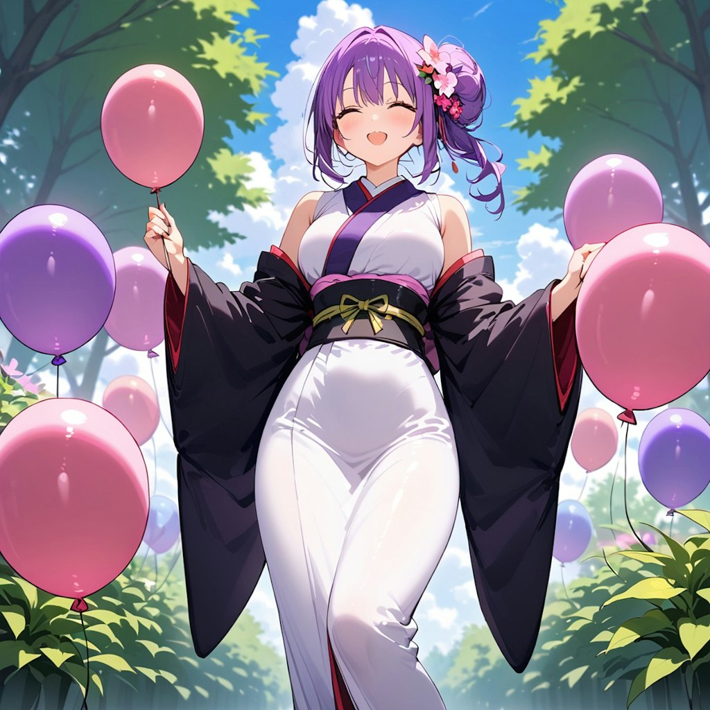 いっぱい風船を持つ紫髪の和服美女