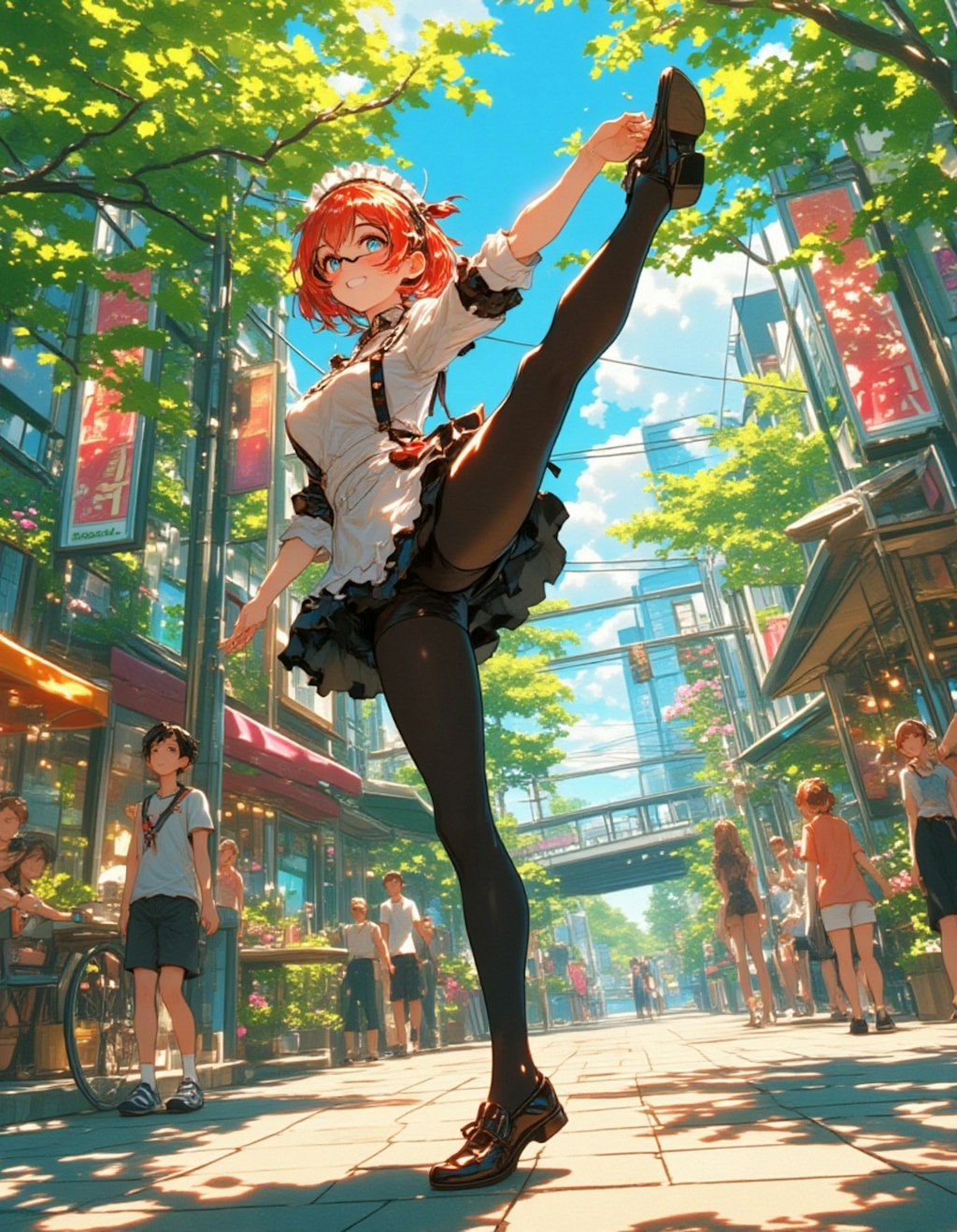 渋谷のメイドアクロバット：I字バランスの赤髪少女