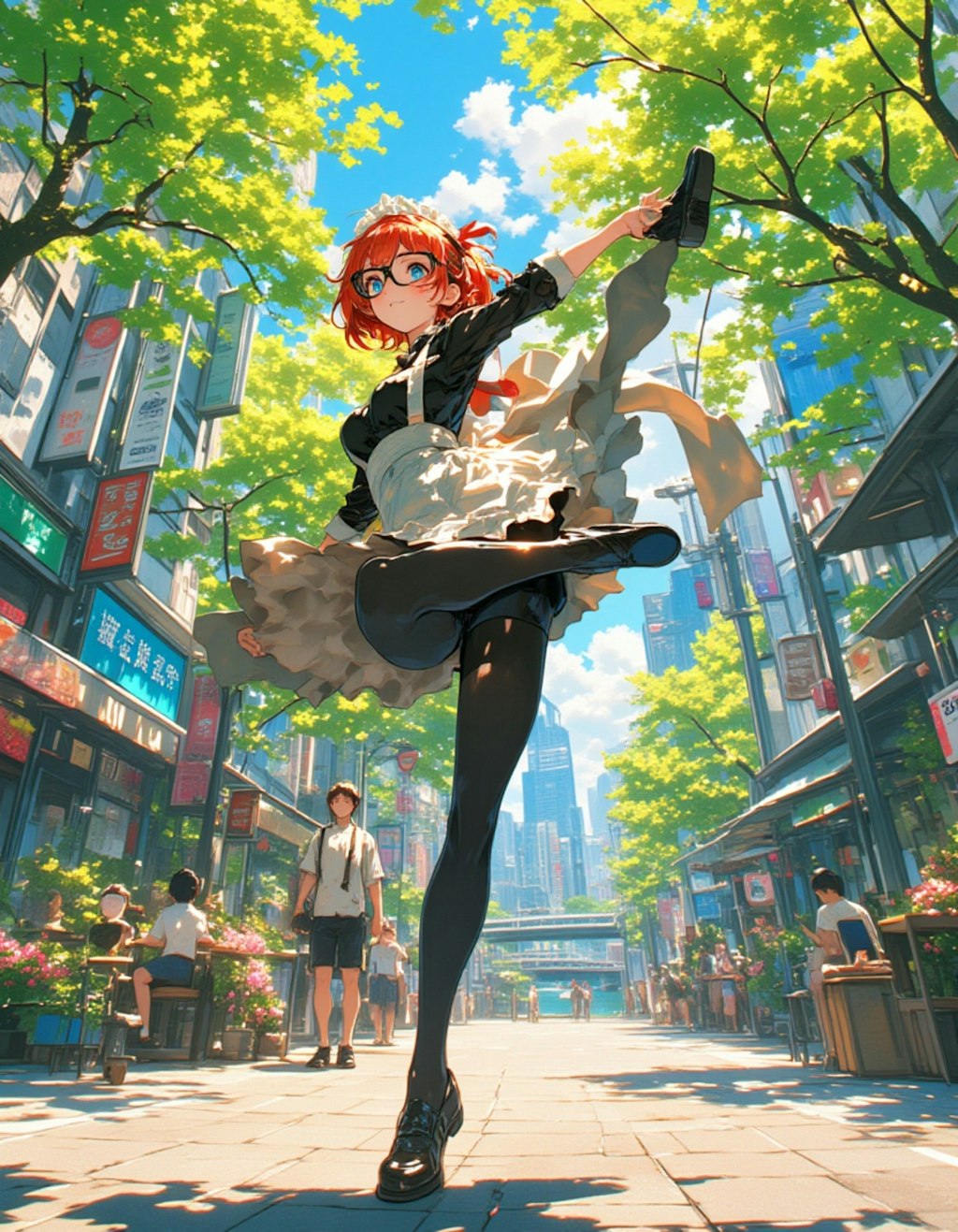 渋谷のメイドアクロバット：I字バランスの赤髪少女