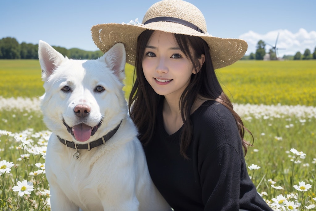 愛犬と風車の見える場所