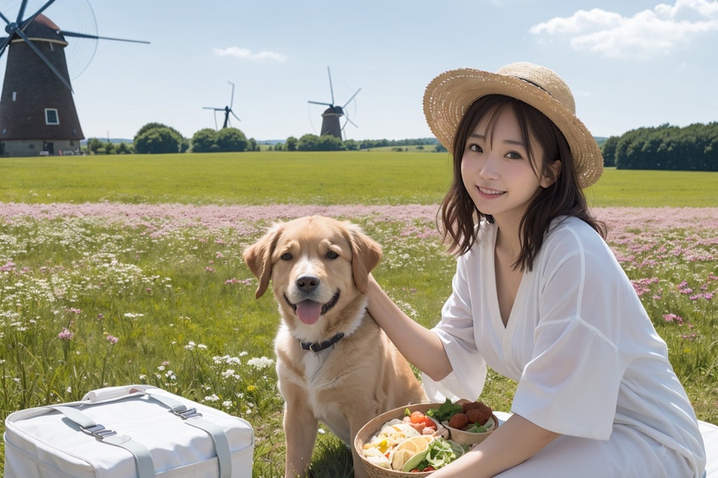 愛犬と風車の見える場所