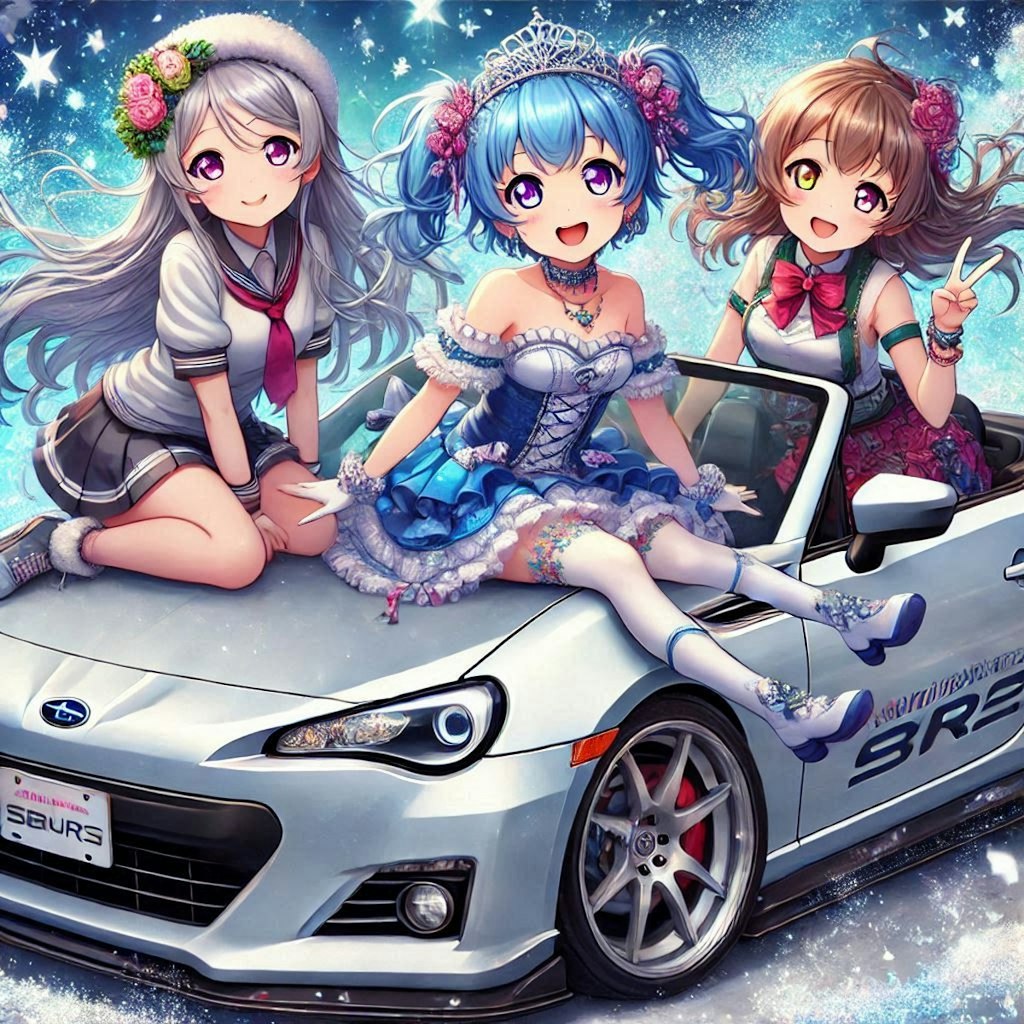 ラブライブキャラとシルバーメタリックスバルBRZオープンカー