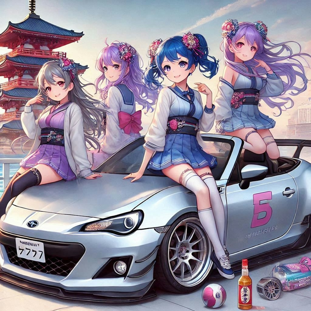 ラブライブキャラとシルバーメタリックスバルBRZオープンカー