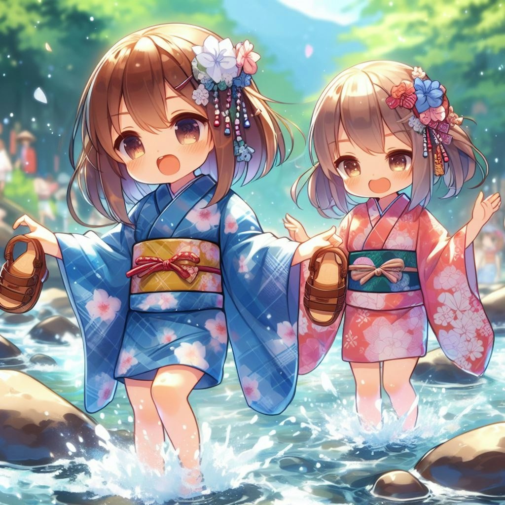 夏河を越すうれしさよ手に草履・女の子・ちびキャラ・着物編