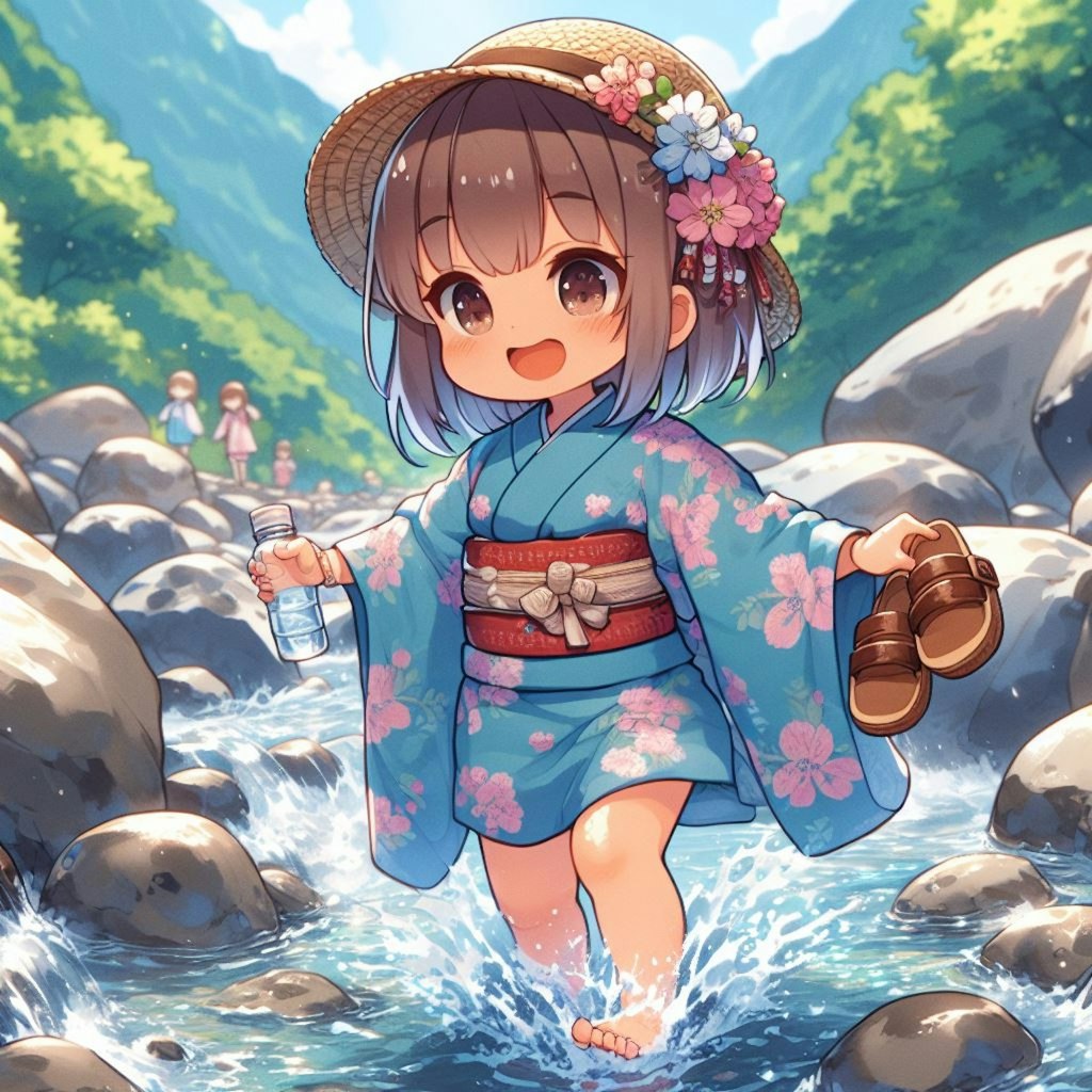 夏河を越すうれしさよ手に草履・女の子・ちびキャラ・着物編