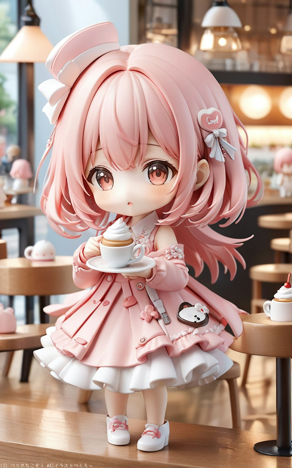 カフェで見つけた、かわいいピンクドレスの少女