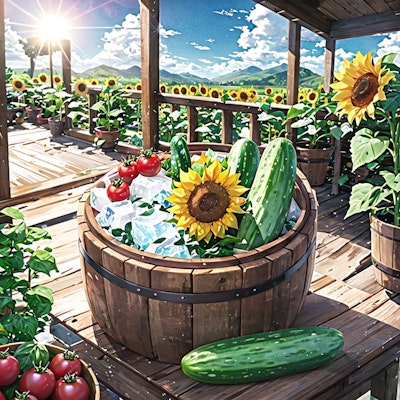 冷やしトマトとキュウリ、と向日葵 | の人気AIイラスト・グラビア