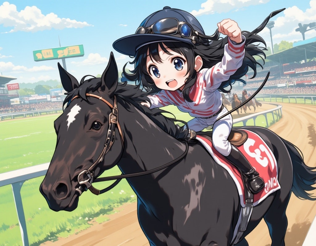 ゴール前大接戦！ちびキャラ少女と黒馬が見事G1制覇！