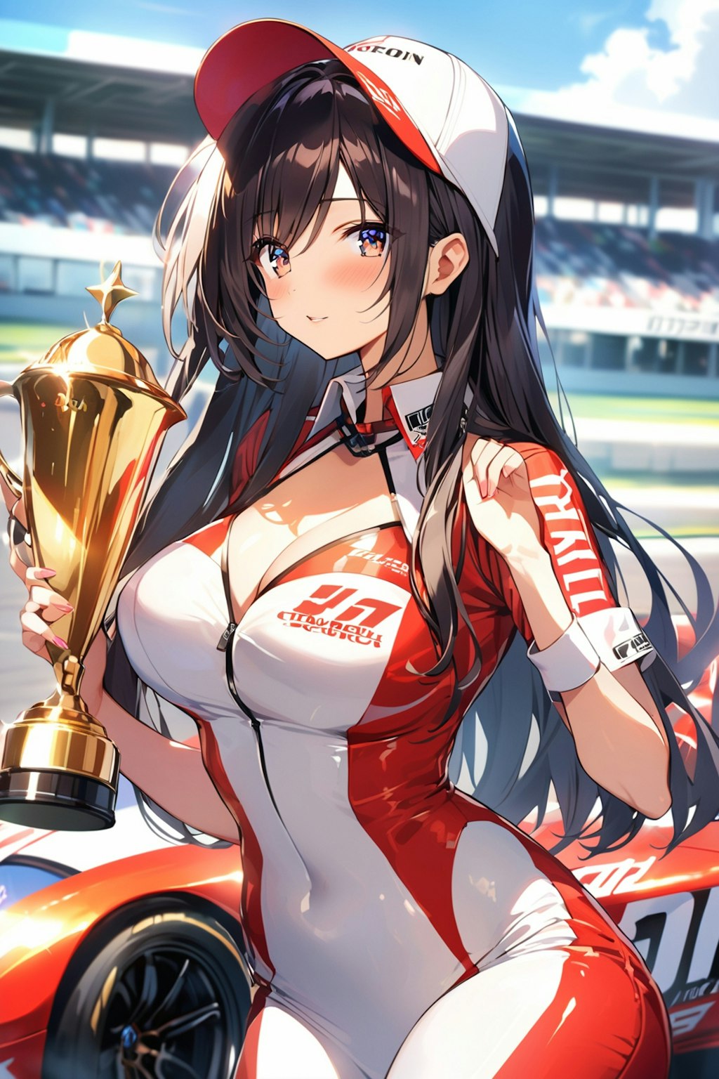 レースクィーン（グリッドガール）の鈴樹真優にトロフィーを持たせてみました。